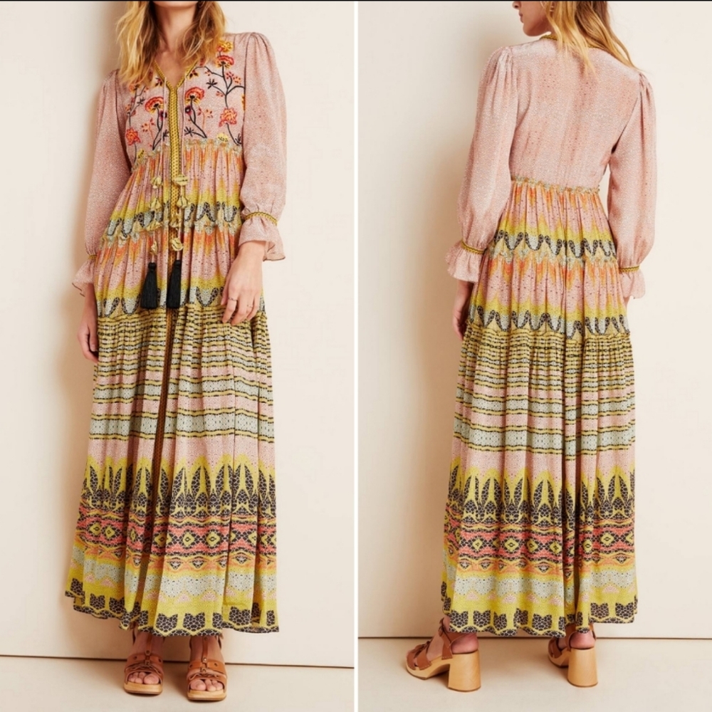 Anthropologie Pink and Yellow Floral Maxi Dress